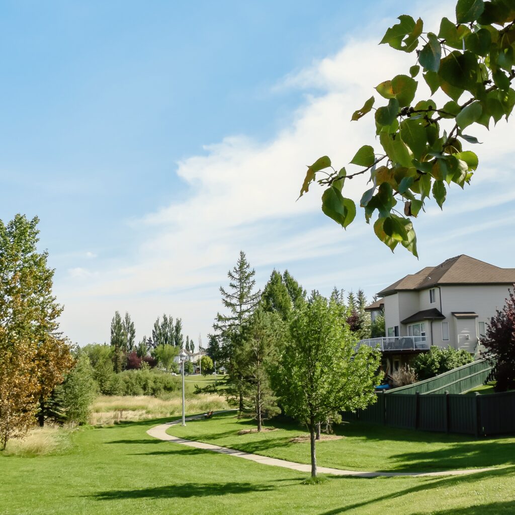 Homes overlook a green space with large trees and a pond