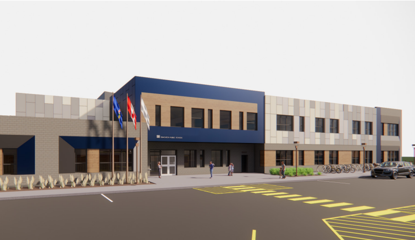 The exterior rendering of Joey Moss school shows angular design and blue and beige colours