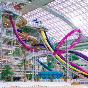 Colourful indoor waterslides with loops