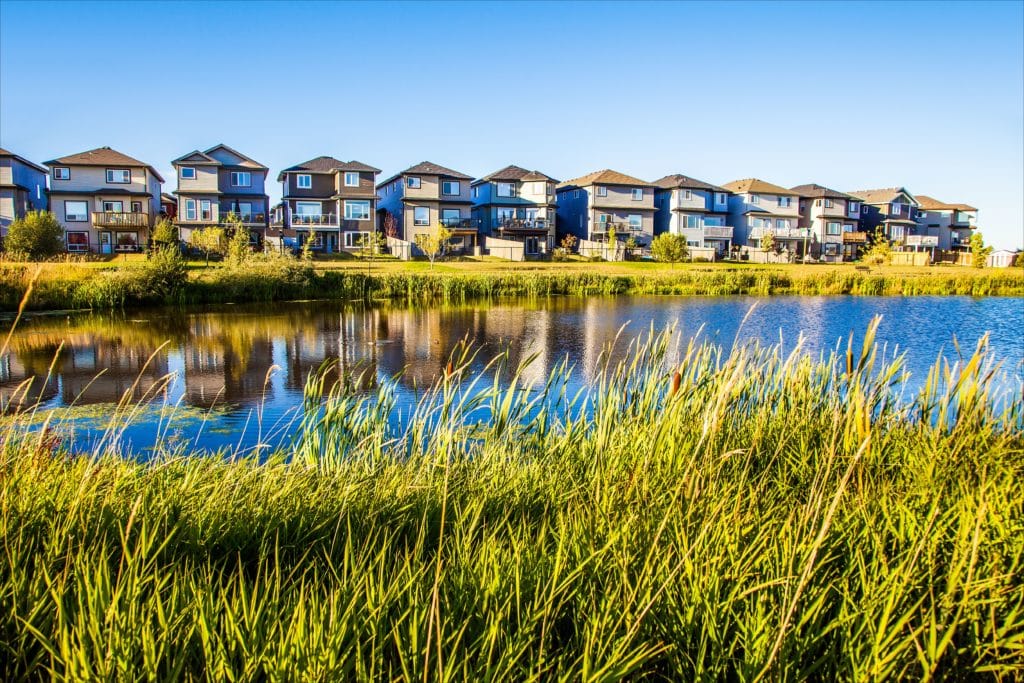 Homes overlooking a lake with grasses and cattails