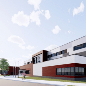 The exterior rendering of a school with black, red and white colors