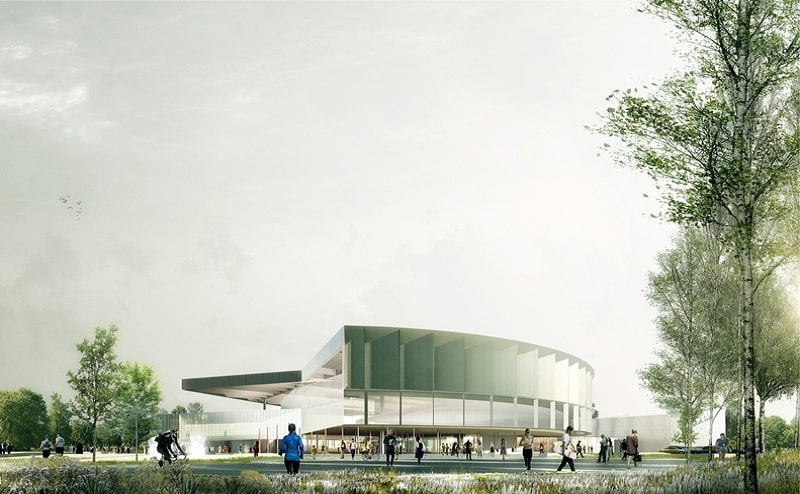 A computer rendering of the new west edmonton rec centre shows a modern, rounded exterior with panels